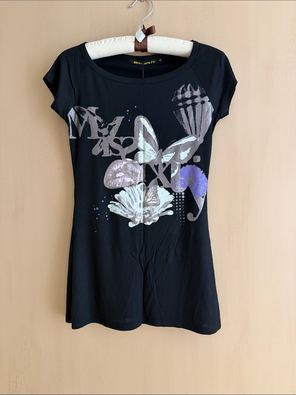 Miss Sixty Black Short-Sleeve Graphic Tee with Pastel Butterfly, NWT